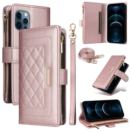For iPhone 12 Pro Max Crossbody Zipper Wallet Rhombus Leather Phone Case(Rose Gold) - iPhone 12 Pro Max Cases by buy2fix | Online Shopping UK | buy2fix