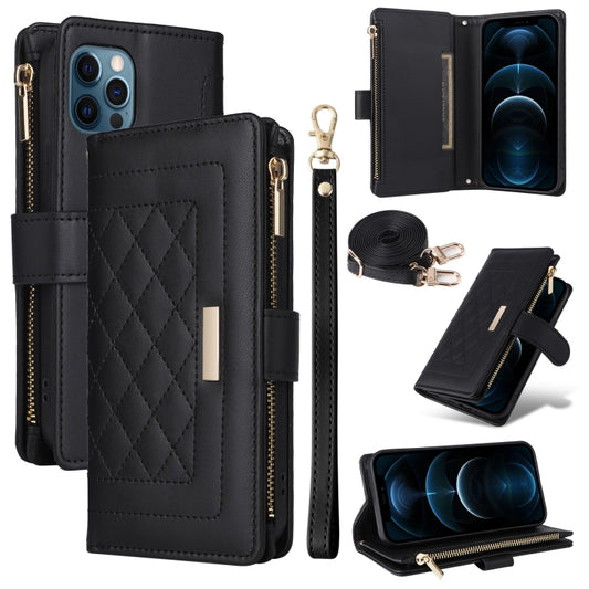 For iPhone 12 Pro Max Crossbody Zipper Wallet Rhombus Leather Phone Case(Black) - iPhone 12 Pro Max Cases by buy2fix | Online Shopping UK | buy2fix