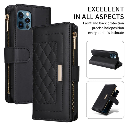 For iPhone 12 Pro Max Crossbody Zipper Wallet Rhombus Leather Phone Case(Black) - iPhone 12 Pro Max Cases by buy2fix | Online Shopping UK | buy2fix