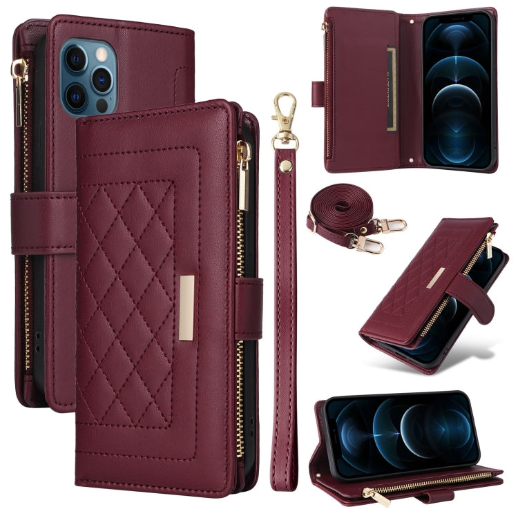 For iPhone 12 Pro Max Crossbody Zipper Wallet Rhombus Leather Phone Case(Wine Red) - iPhone 12 Pro Max Cases by buy2fix | Online Shopping UK | buy2fix