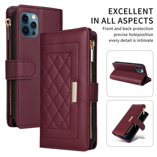 For iPhone 12 Pro Max Crossbody Zipper Wallet Rhombus Leather Phone Case(Wine Red) - iPhone 12 Pro Max Cases by buy2fix | Online Shopping UK | buy2fix