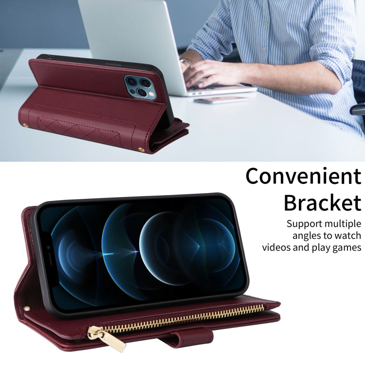 For iPhone 12 Pro Max Crossbody Zipper Wallet Rhombus Leather Phone Case(Wine Red) - iPhone 12 Pro Max Cases by buy2fix | Online Shopping UK | buy2fix