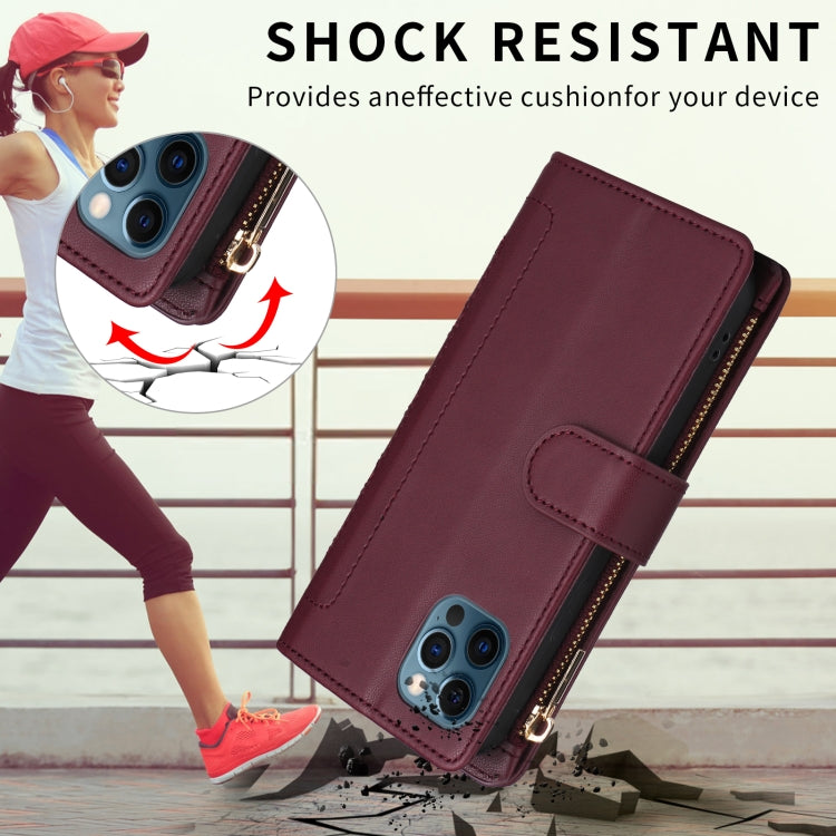 For iPhone 12 Pro Max Crossbody Zipper Wallet Rhombus Leather Phone Case(Wine Red) - iPhone 12 Pro Max Cases by buy2fix | Online Shopping UK | buy2fix