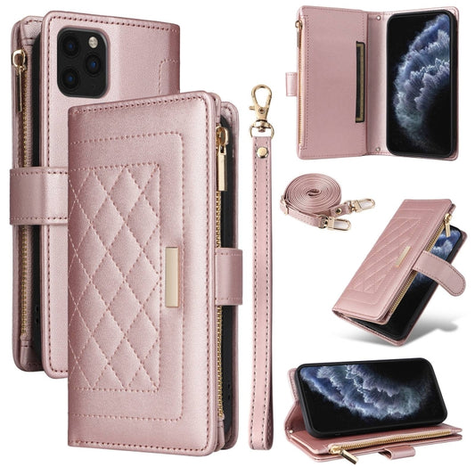 For iPhone 11 Pro Max Crossbody Zipper Wallet Rhombus Leather Phone Case(Rose Gold) - iPhone 11 Pro Max Cases by buy2fix | Online Shopping UK | buy2fix