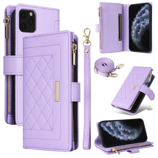 For iPhone 11 Pro Max Crossbody Zipper Wallet Rhombus Leather Phone Case(Purple) - iPhone 11 Pro Max Cases by buy2fix | Online Shopping UK | buy2fix