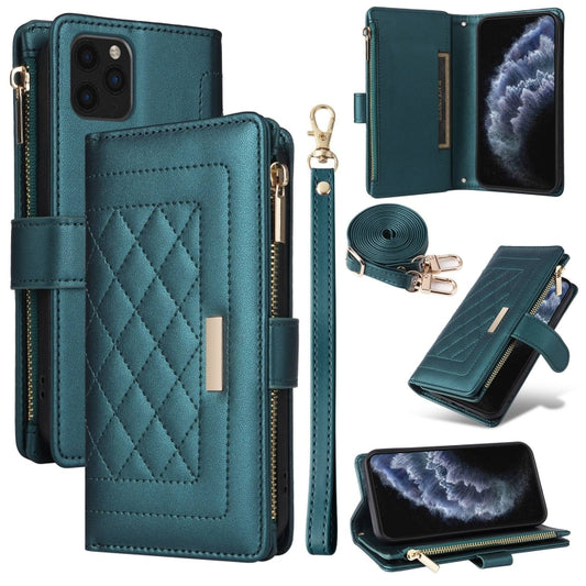 For iPhone 11 Pro Max Crossbody Zipper Wallet Rhombus Leather Phone Case(Green) - iPhone 11 Pro Max Cases by buy2fix | Online Shopping UK | buy2fix