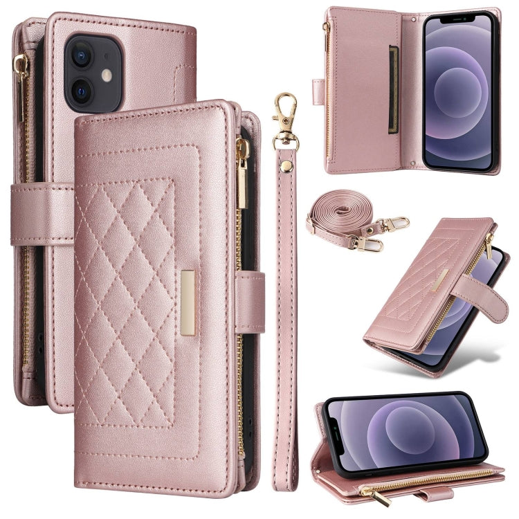 For iPhone 11 Crossbody Zipper Wallet Rhombus Leather Phone Case(Rose Gold) - iPhone 11 Cases by buy2fix | Online Shopping UK | buy2fix