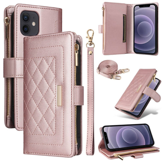 For iPhone 11 Crossbody Zipper Wallet Rhombus Leather Phone Case(Rose Gold) - iPhone 11 Cases by buy2fix | Online Shopping UK | buy2fix