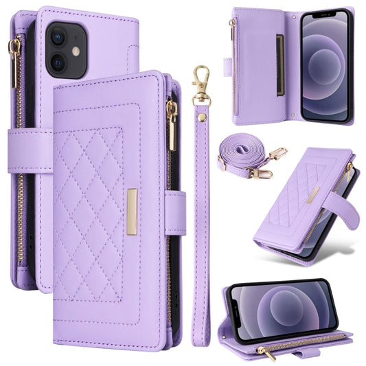 For iPhone 11 Crossbody Zipper Wallet Rhombus Leather Phone Case(Purple) - iPhone 11 Cases by buy2fix | Online Shopping UK | buy2fix