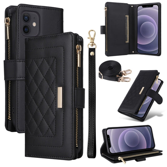 For iPhone 11 Crossbody Zipper Wallet Rhombus Leather Phone Case(Black) - iPhone 11 Cases by buy2fix | Online Shopping UK | buy2fix