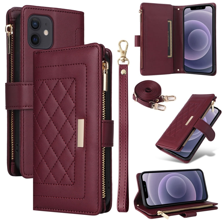 For iPhone 11 Crossbody Zipper Wallet Rhombus Leather Phone Case(Wine Red) - iPhone 11 Cases by buy2fix | Online Shopping UK | buy2fix