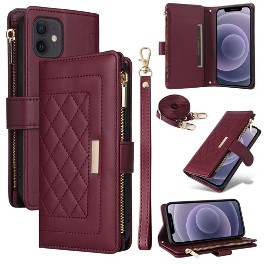 For iPhone 11 Crossbody Zipper Wallet Rhombus Leather Phone Case(Wine Red) - iPhone 11 Cases by buy2fix | Online Shopping UK | buy2fix