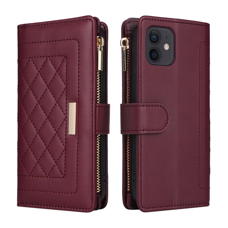 For iPhone 11 Crossbody Zipper Wallet Rhombus Leather Phone Case(Wine Red) - iPhone 11 Cases by buy2fix | Online Shopping UK | buy2fix
