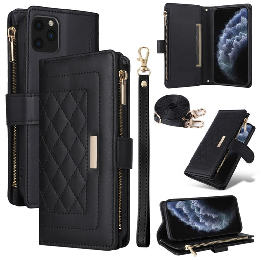 For iPhone 11 Pro Crossbody Zipper Wallet Rhombus Leather Phone Case(Black) - iPhone 11 Pro Cases by buy2fix | Online Shopping UK | buy2fix