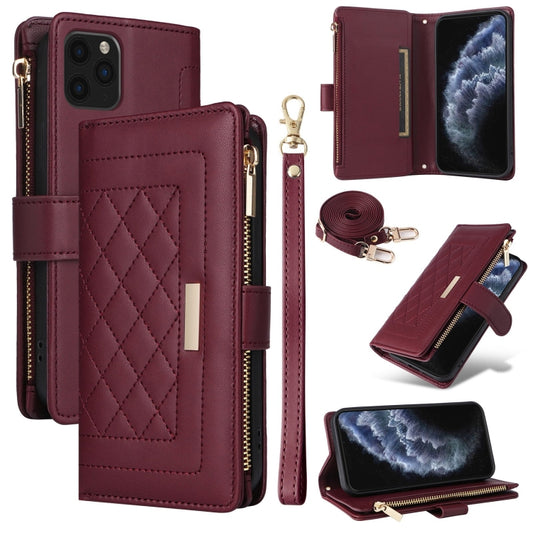 For iPhone 11 Pro Crossbody Zipper Wallet Rhombus Leather Phone Case(Wine Red) - iPhone 11 Pro Cases by buy2fix | Online Shopping UK | buy2fix