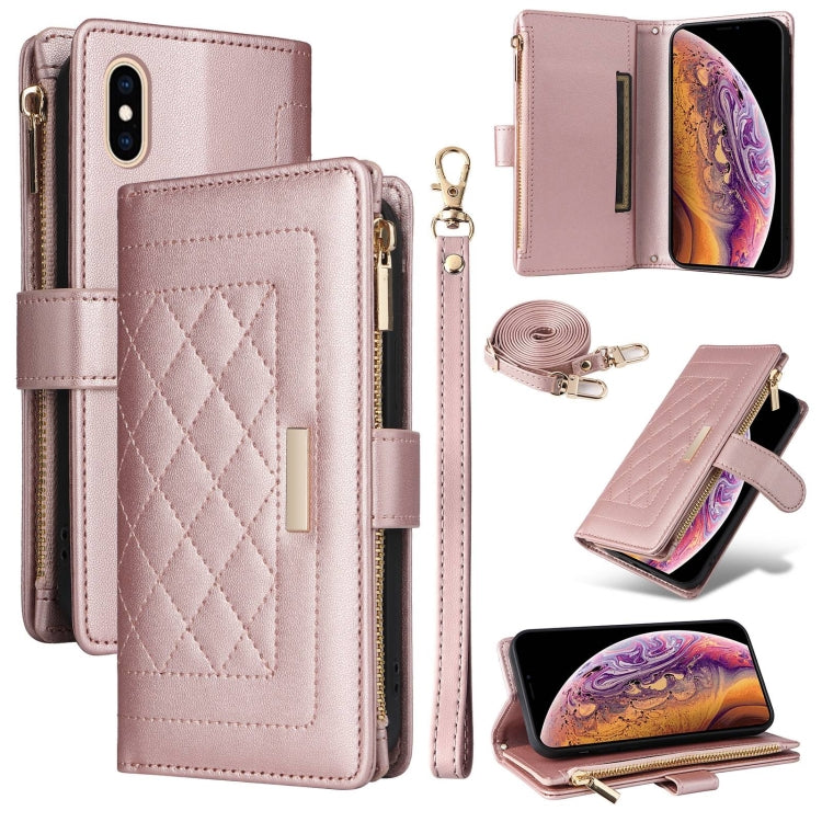 For iPhone X / XS Crossbody Zipper Wallet Rhombus Leather Phone Case(Rose Gold) - More iPhone Cases by buy2fix | Online Shopping UK | buy2fix