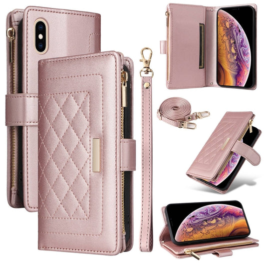 For iPhone X / XS Crossbody Zipper Wallet Rhombus Leather Phone Case(Rose Gold) - More iPhone Cases by buy2fix | Online Shopping UK | buy2fix