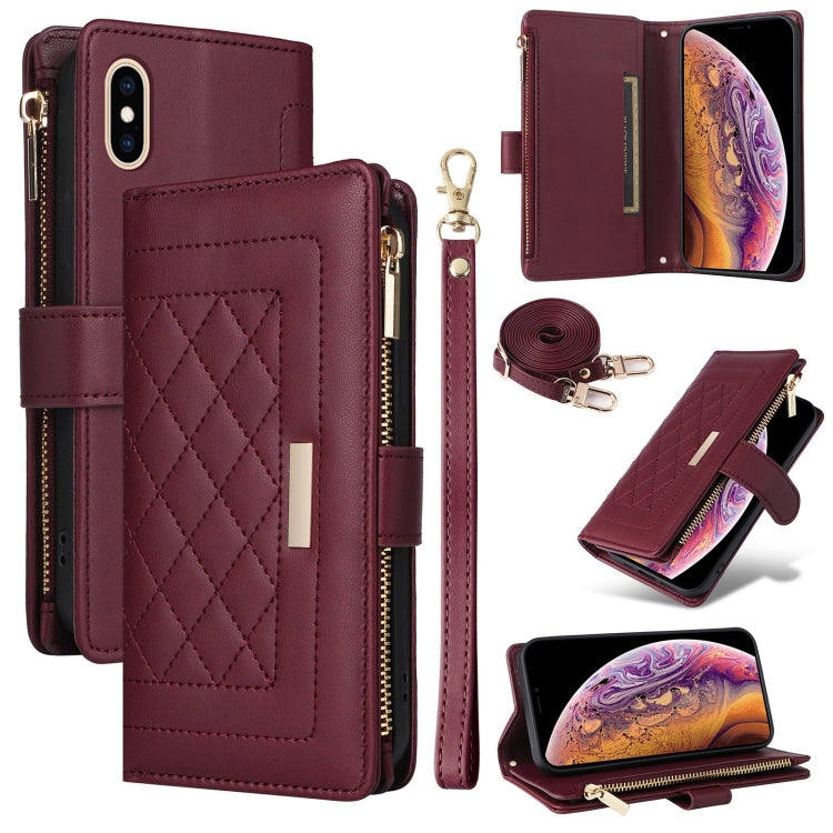 For iPhone X / XS Crossbody Zipper Wallet Rhombus Leather Phone Case(Wine Red) - More iPhone Cases by buy2fix | Online Shopping UK | buy2fix