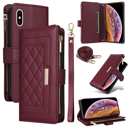 For iPhone X / XS Crossbody Zipper Wallet Rhombus Leather Phone Case(Wine Red) - More iPhone Cases by buy2fix | Online Shopping UK | buy2fix
