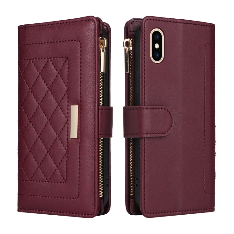 For iPhone X / XS Crossbody Zipper Wallet Rhombus Leather Phone Case(Wine Red) - More iPhone Cases by buy2fix | Online Shopping UK | buy2fix