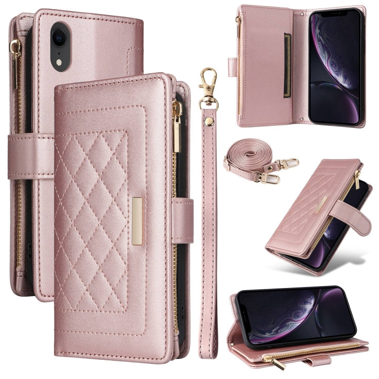 For iPhone XR Crossbody Zipper Wallet Rhombus Leather Phone Case(Rose Gold) - More iPhone Cases by buy2fix | Online Shopping UK | buy2fix