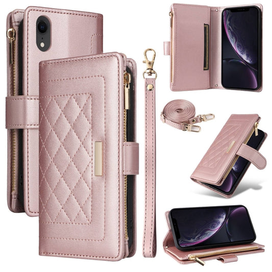 For iPhone XR Crossbody Zipper Wallet Rhombus Leather Phone Case(Rose Gold) - More iPhone Cases by buy2fix | Online Shopping UK | buy2fix
