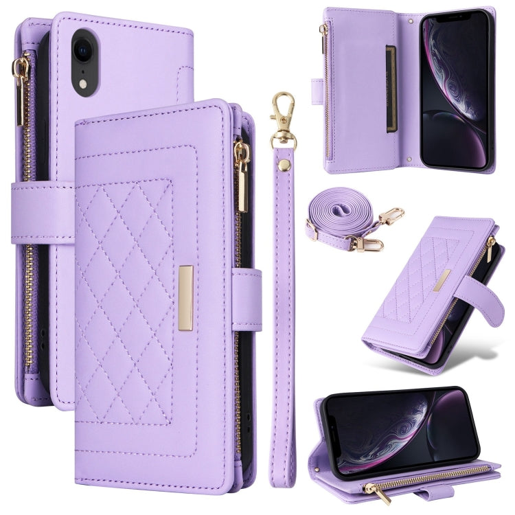 For iPhone XR Crossbody Zipper Wallet Rhombus Leather Phone Case(Purple) - More iPhone Cases by buy2fix | Online Shopping UK | buy2fix