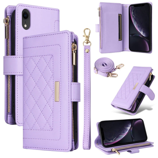 For iPhone XR Crossbody Zipper Wallet Rhombus Leather Phone Case(Purple) - More iPhone Cases by buy2fix | Online Shopping UK | buy2fix