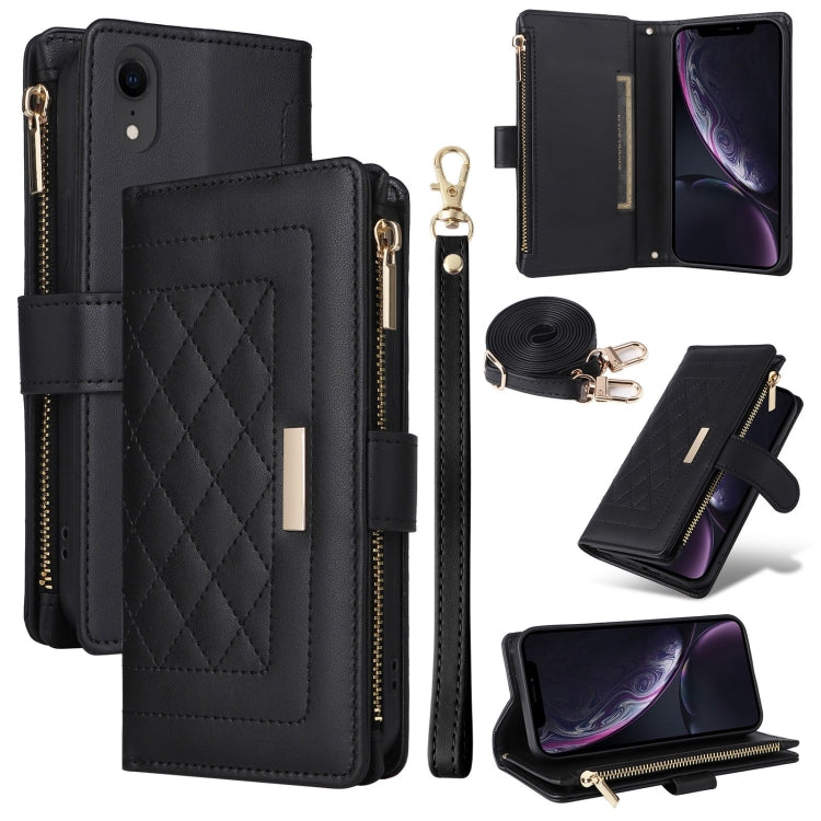 For iPhone XR Crossbody Zipper Wallet Rhombus Leather Phone Case(Black) - More iPhone Cases by buy2fix | Online Shopping UK | buy2fix