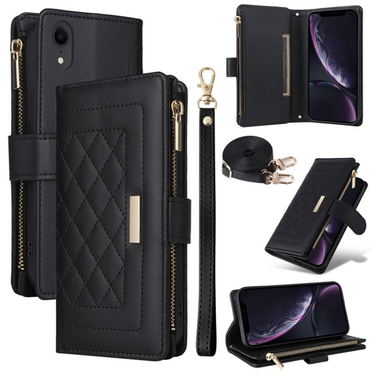 For iPhone XR Crossbody Zipper Wallet Rhombus Leather Phone Case(Black) - More iPhone Cases by buy2fix | Online Shopping UK | buy2fix