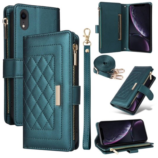 For iPhone XR Crossbody Zipper Wallet Rhombus Leather Phone Case(Green) - More iPhone Cases by buy2fix | Online Shopping UK | buy2fix