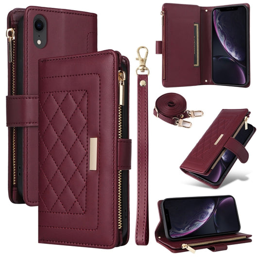 For iPhone XR Crossbody Zipper Wallet Rhombus Leather Phone Case(Wine Red) - More iPhone Cases by buy2fix | Online Shopping UK | buy2fix