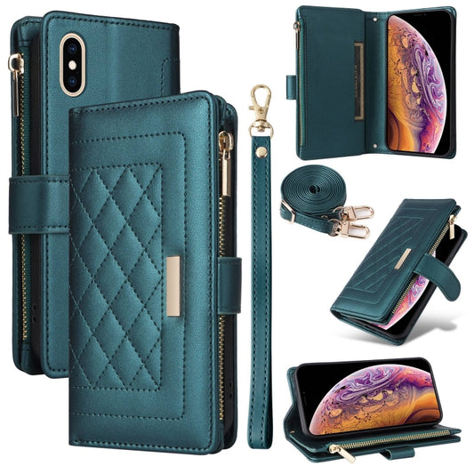 For iPhone XS Max Crossbody Zipper Wallet Rhombus Leather Phone Case(Green) - More iPhone Cases by buy2fix | Online Shopping UK | buy2fix