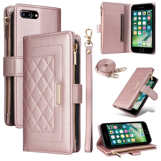 For iPhone 7 Plus / 8 Plus Crossbody Zipper Wallet Rhombus Leather Phone Case(Rose Gold) - More iPhone Cases by buy2fix | Online Shopping UK | buy2fix