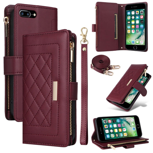 For iPhone 7 Plus / 8 Plus Crossbody Zipper Wallet Rhombus Leather Phone Case(Wine Red) - More iPhone Cases by buy2fix | Online Shopping UK | buy2fix