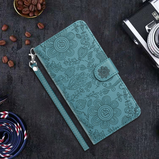 For iPhone 16 Pro Floral Embossed Pattern Leather Phone Case(Dark Green) by buy2fix