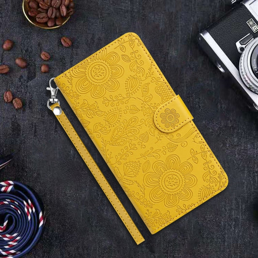 For iPhone 16 Plus Floral Embossed Pattern Leather Phone Case(Yellow) by buy2fix