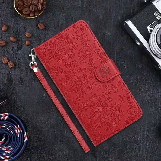 For iPhone 16 Floral Embossed Pattern Leather Phone Case(Red) by buy2fix