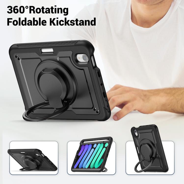 For iPad mini 2024 / mini 6 Honeycomb Hybrid Tablet Case with Handle Holder & Strap(Black) - iPad mini 2024 Cases by buy2fix | Online Shopping UK | buy2fix