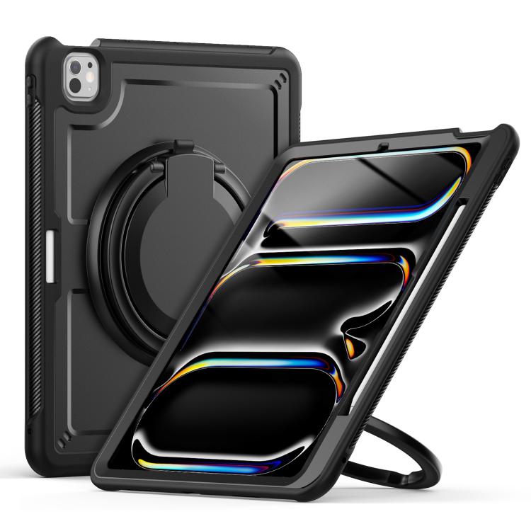 For iPad Pro 13 2024 Honeycomb Hybrid Tablet Case with Handle Holder & Strap(Black) - iPad Pro 13 2024 Cases by buy2fix | Online Shopping UK | buy2fix