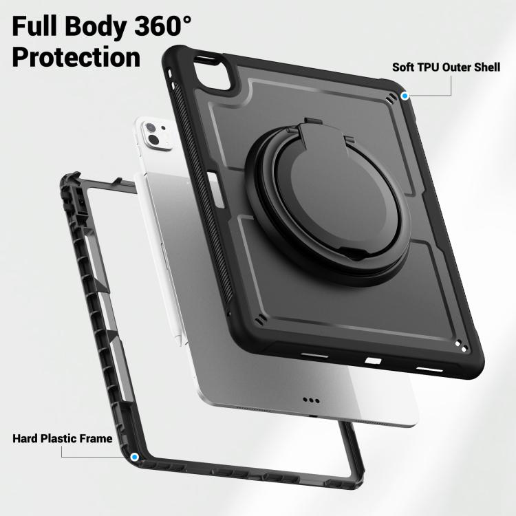 For iPad Pro 13 2024 Honeycomb Hybrid Tablet Case with Handle Holder & Strap(Black) - iPad Pro 13 2024 Cases by buy2fix | Online Shopping UK | buy2fix