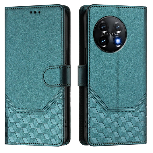 For OnePlus 11 Honeycomb Embossing RFID Leather Phone Case(Peacock Green) by buy2fix