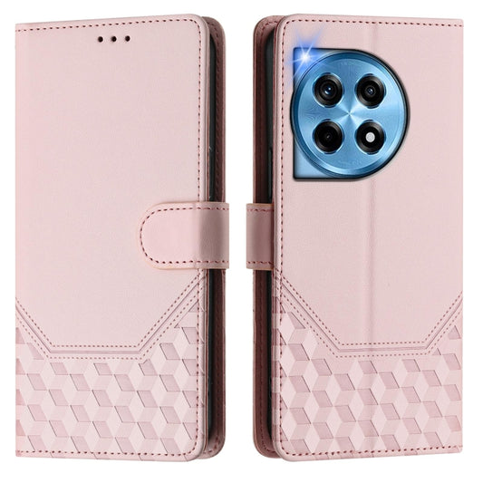 For OnePlus 12 5G Global Honeycomb Embossing RFID Leather Phone Case(Pink) by buy2fix