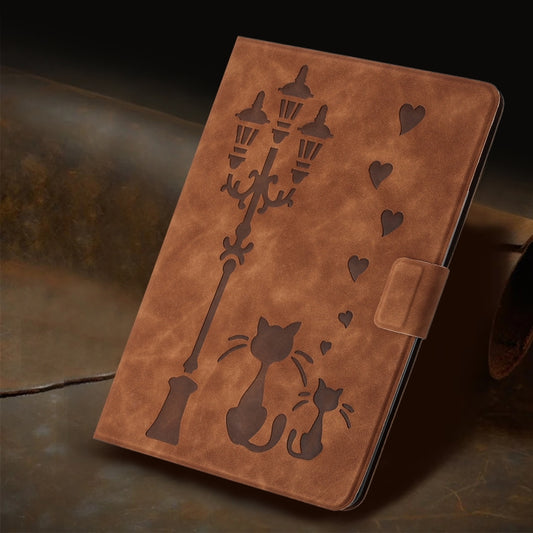 For iPad Air 11 2025 / 2024 Embossed Couple Cat Smart Tablet Leather Case(Brown) by buy2fix