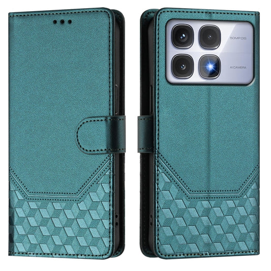 For Redmi K70 Ultra 5G Honeycomb Embossing RFID Leather Phone Case(Peacock Green) by buy2fix