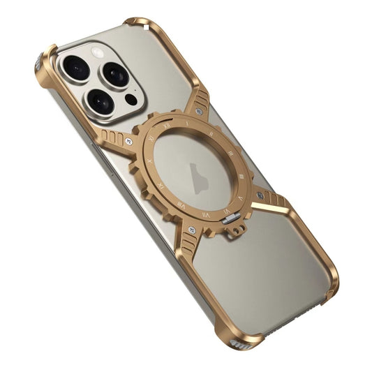 For iPhone 15 / 14 / 13 Mechanical Gear MagSafe Holder Borderless Metal Phone Case(Gold) - iPhone 15 Cases by buy2fix | Online Shopping UK | buy2fix