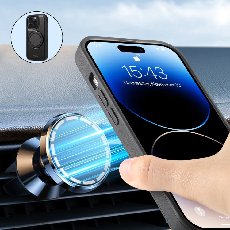 For iPhone 16 Pro Max Denior A17 Genuine Leather Gear Magnetic Holder Phone Case(Black) by Denior