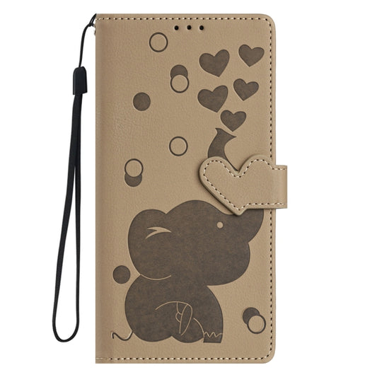 For iPhone 16 Cartoon Elephant Embossed Leather Phone Case(Khaki) by buy2fix