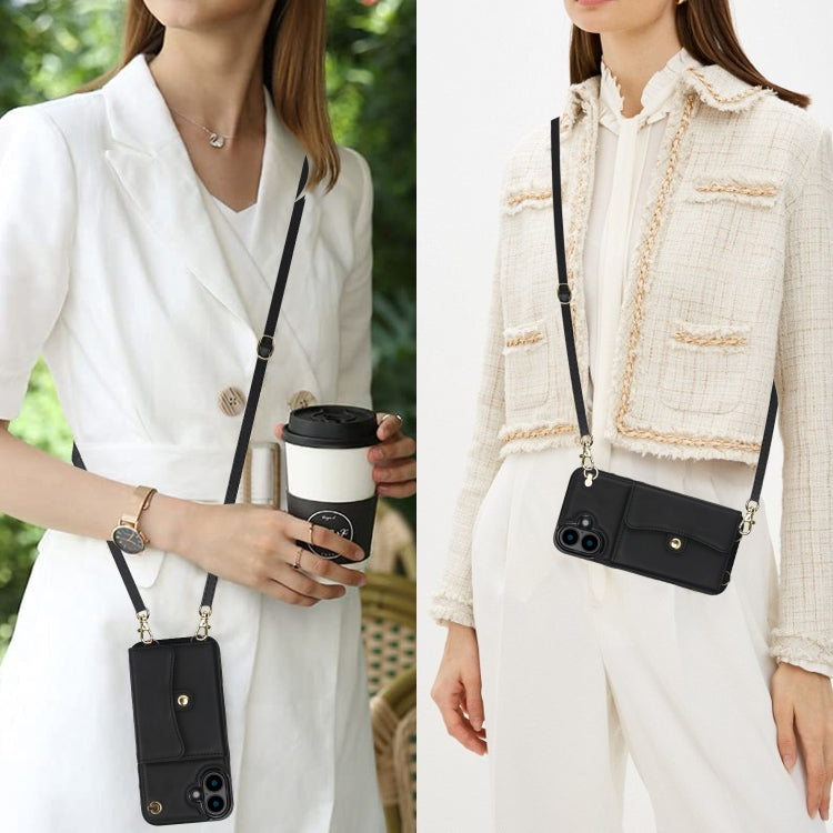 For iPhone 16 Plus RFID Card Slot Phone Case with Long Lanyard(Black) by buy2fix