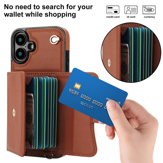 For iPhone 16 Plus RFID Card Slot Phone Case with Long Lanyard(Brown) by buy2fix